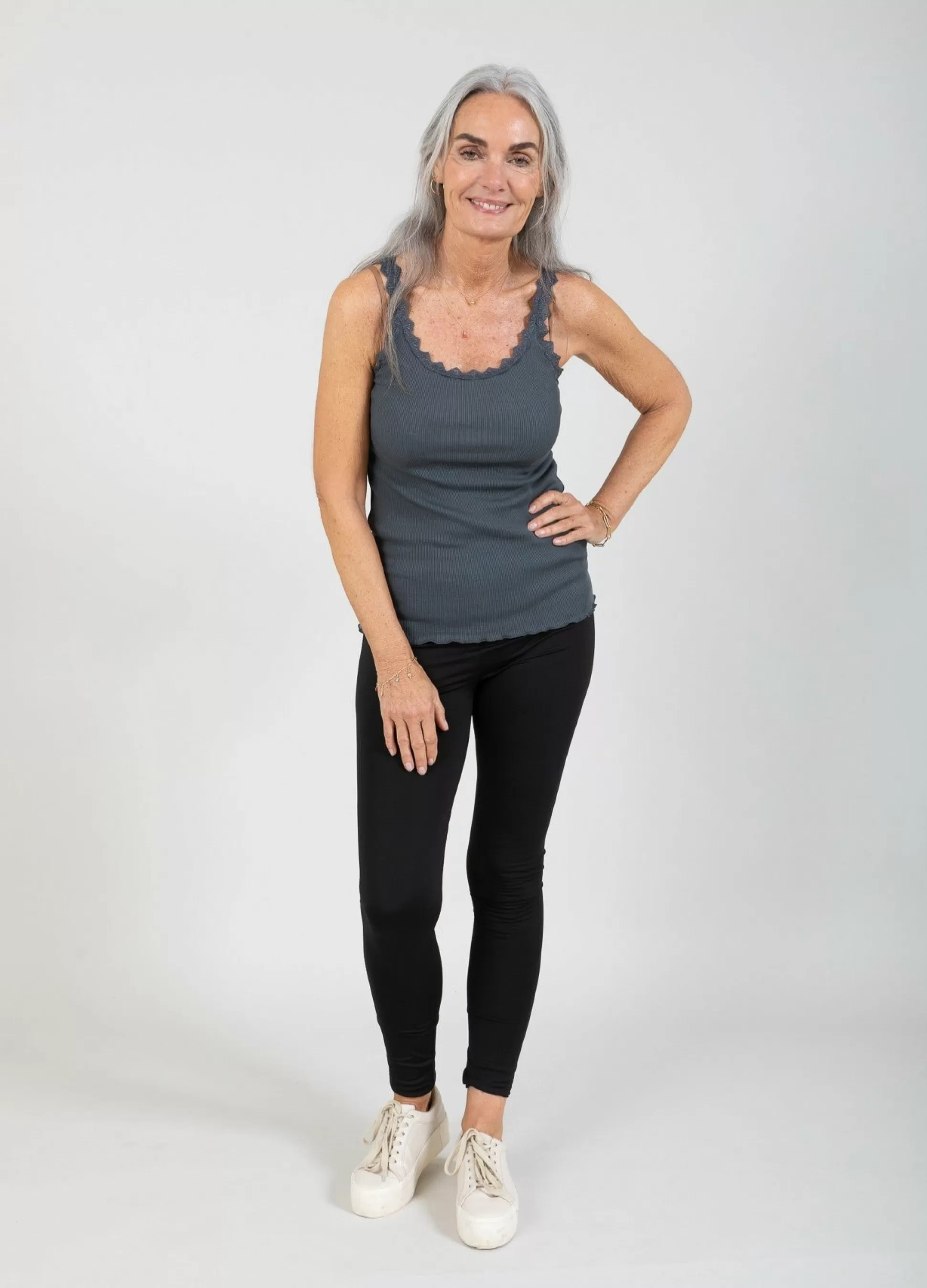 Coster Copenhagen Cc Heart Silk Camisole With Lace Dark Stone Grey New