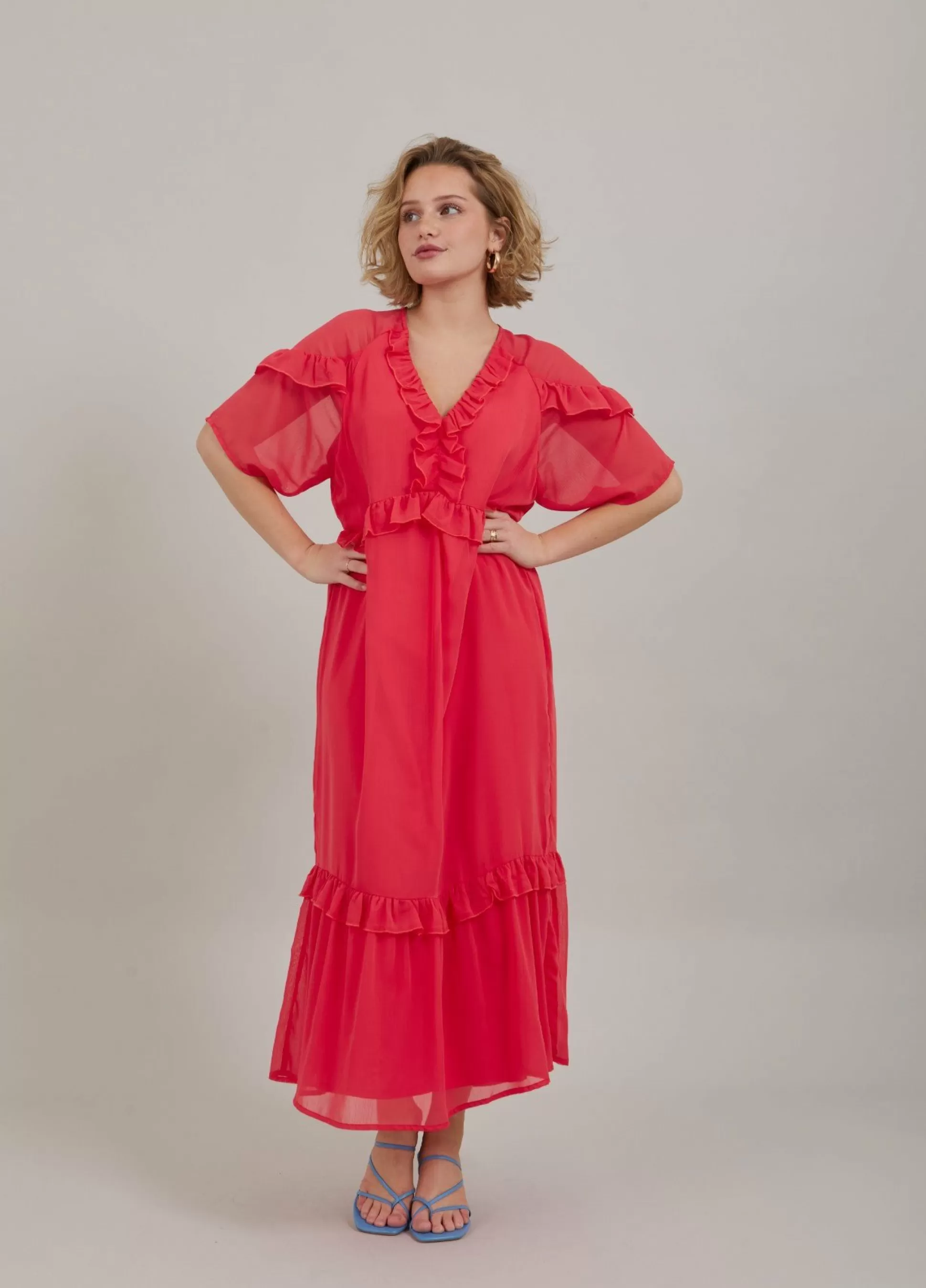 Coster Copenhagen Long Dress W. Frills Coral Pink Cheap