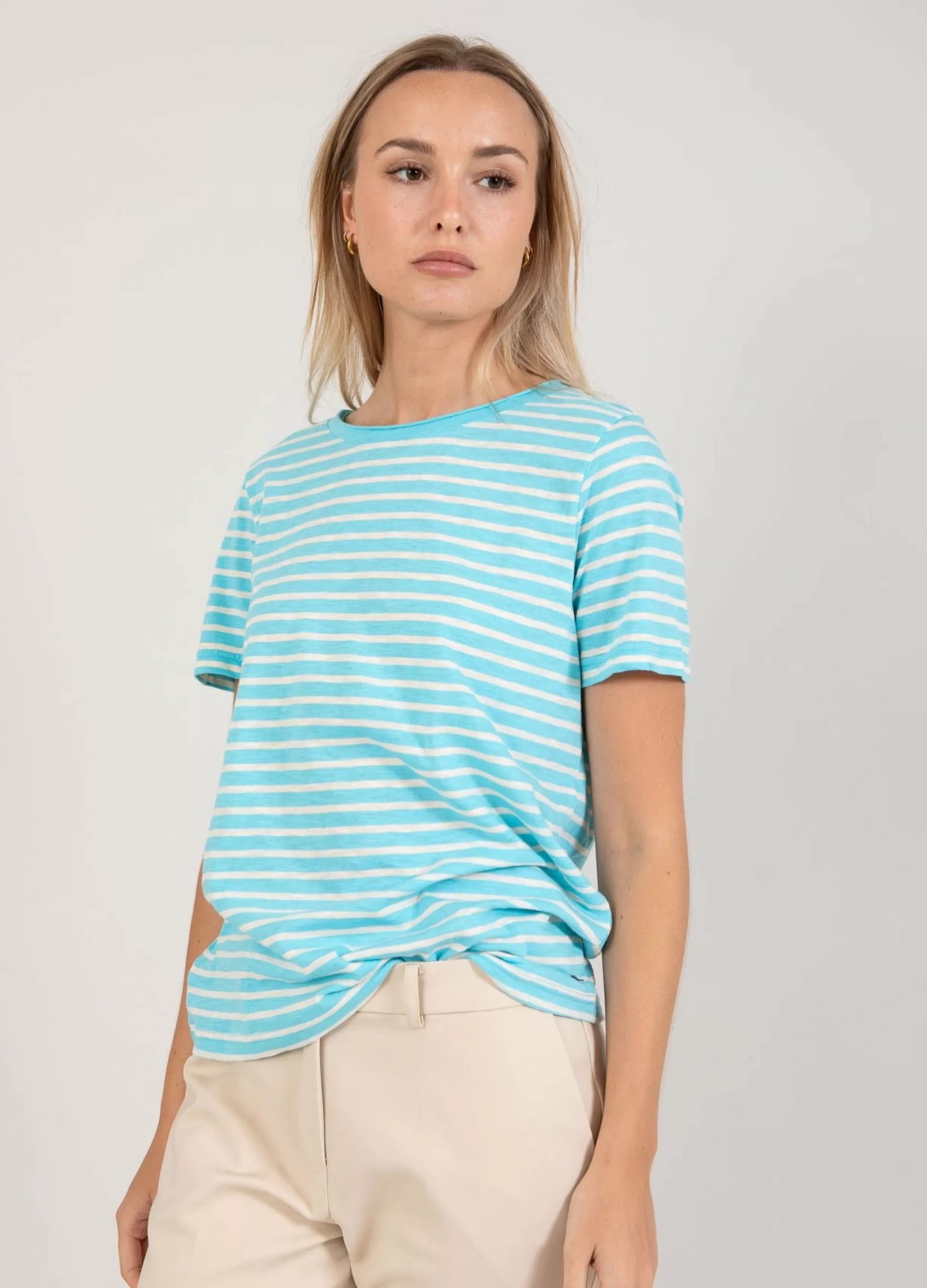 Coster Copenhagen T-Shirt With Stripes Aqua Blue/Creme Stripe Clearance